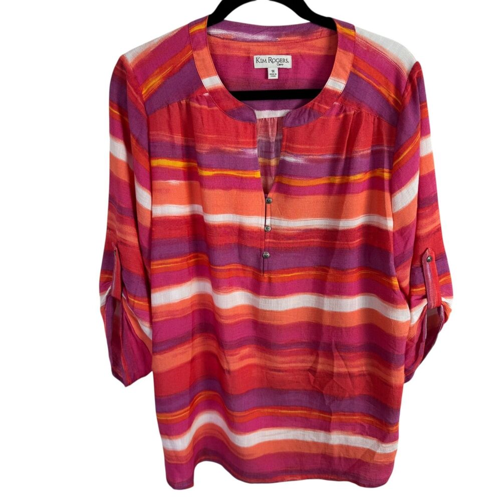 Kim Rogers Women's Blouse Size 1X Pink/Orange Striped 3/4 Sleeves